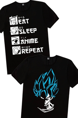 Mavi Saçlı Kahraman, Hep Anime Erkek 2'li Eko Paket T-shirt - Thumbnail