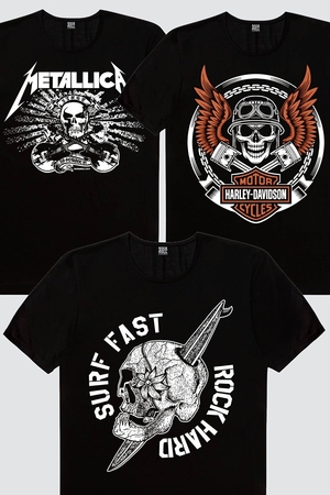  - Siyah Motorcu Kurukafa Metallica Kurukafa Sörf Kurukafa Kadın 3'lü Eko Paket T-shirt