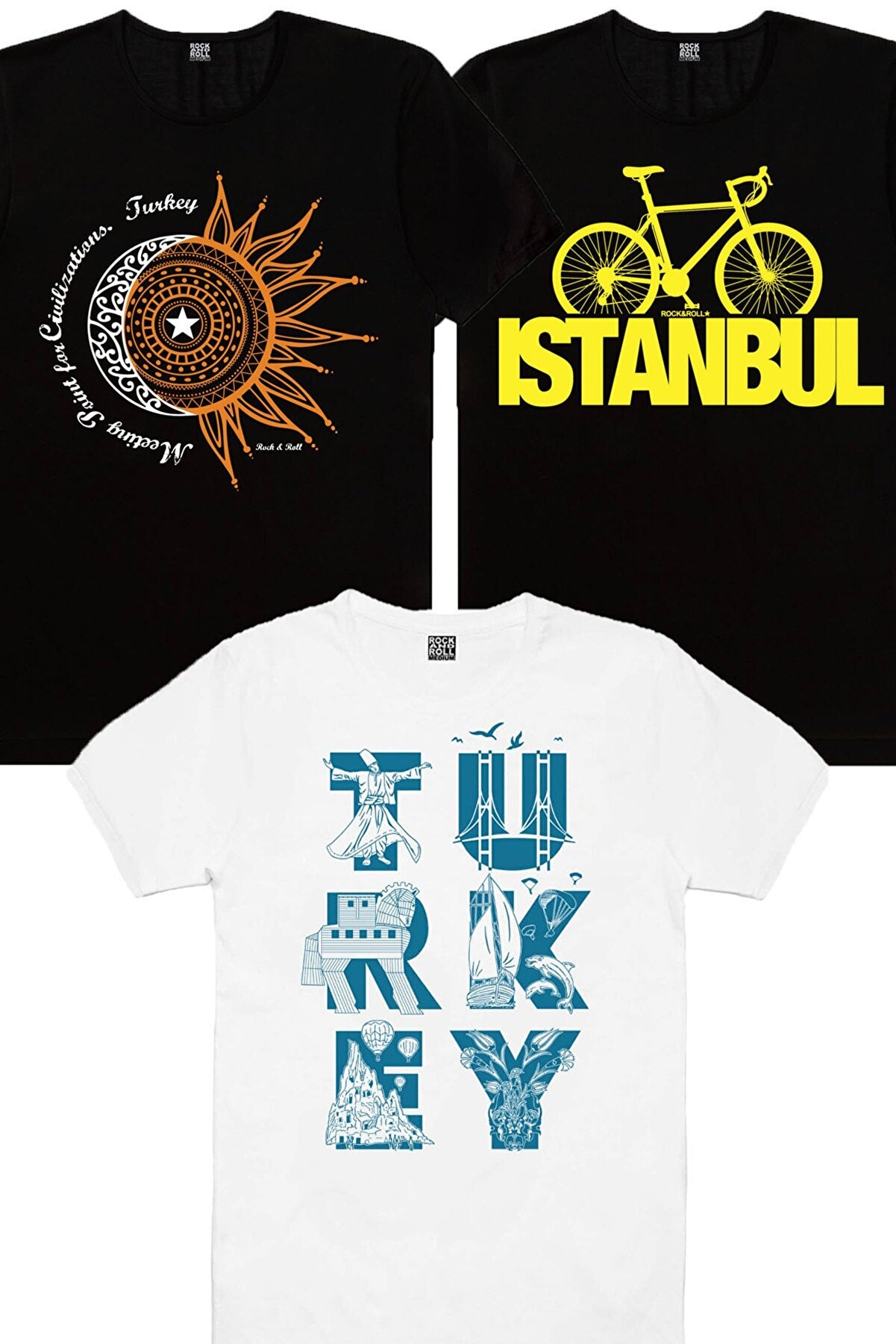 Türkiye Ay Yıldız Siyah, Türkiye Harfler Siyah, Istanbul Bisiklet Siyah Kadın 3'lü Eko Paket T-shirt