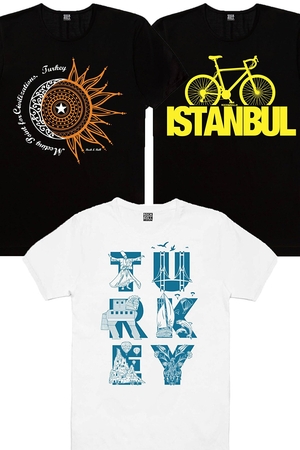 Türk Ay Yıldız Siyah, Türkiye Harfler Siyah, Istanbul Bisiklet Siyah Kadın 3'lü Eko Paket T-shirt - Thumbnail
