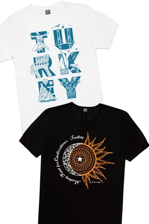  - Siyah Türkiye Ay Yıldız, Beyaz Türkiye Harfler Erkek 2'li Eko Paket T-shirt
