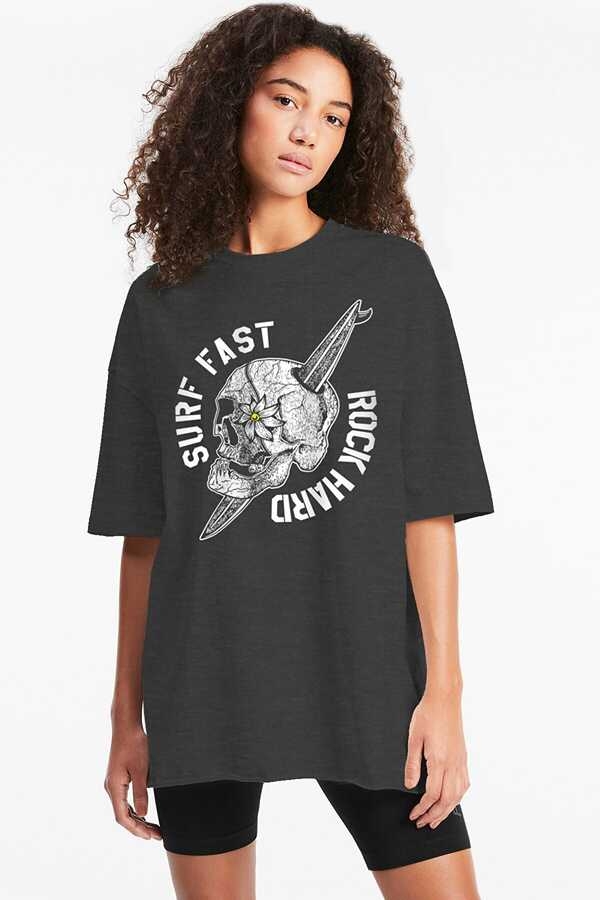 Sörf Kurukafa Antrasit Oversize Kısa Kollu Kadın T-shirt