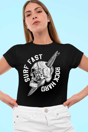 Rock & Roll - Sörf Kurukafa Siyah Kısa Kollu Kadın T-shirt