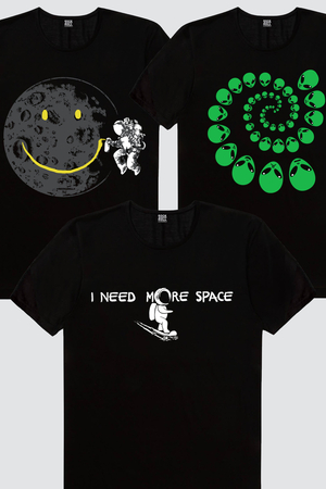Rock & Roll - Spiral Uzaylı, Uzayda Kaykay, Grafitici Astronot Erkek 3'lü Eko Paket T-shirt