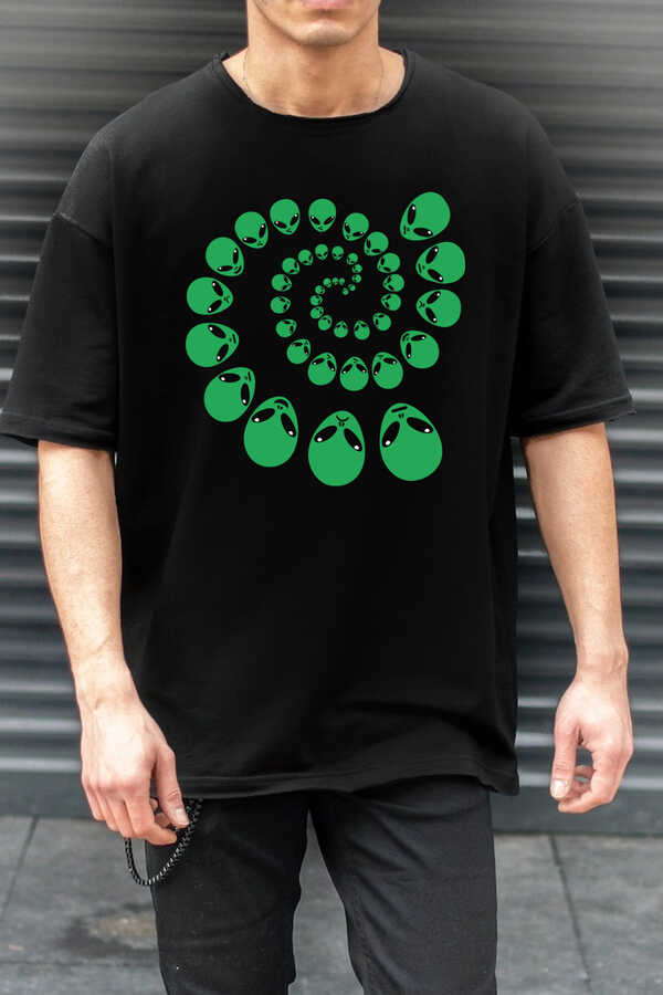 Spiral Uzaylılar Siyah Oversize Kısa Kollu Erkek T-shirt