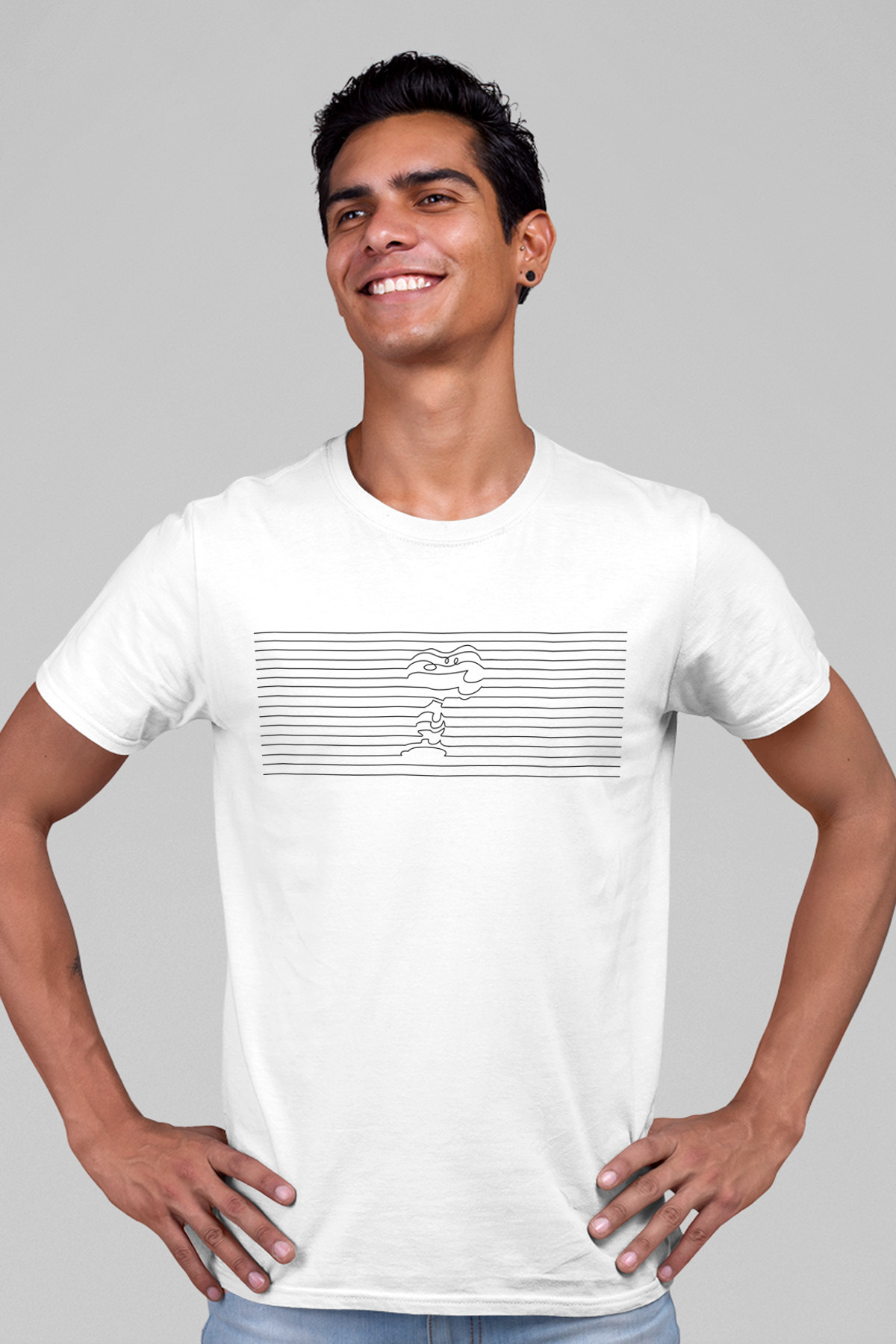 Çizgili Köpek Beyaz Kısa Kollu Erkek T-shirt