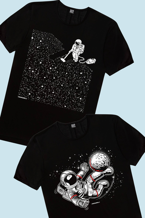Rock & Roll - Süpürgeli Astronot, Futbolcu Astronot Çocuk Tişört 2'li Eko Paket