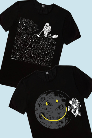 Rock & Roll - Süpürgeli Astronot, Grafitici Astronot Çocuk Tişört 2'li Eko Paket