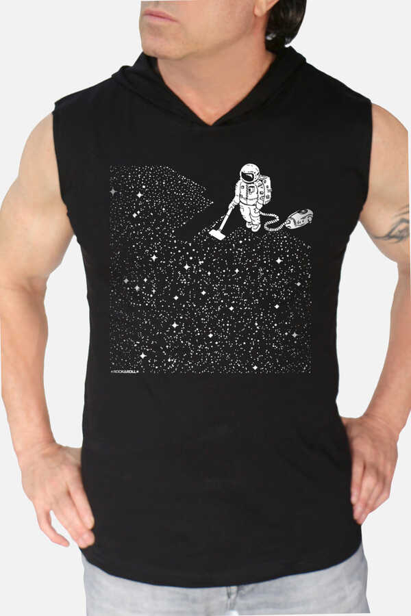 Süpürgeli Astronot Siyah Kapşonlu Kesik Kol | Kolsuz Erkek T-shirt