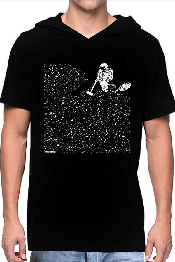 Süpürgeli Astronot Siyah Kapşonlu Kısa Kollu Erkek T-shirt