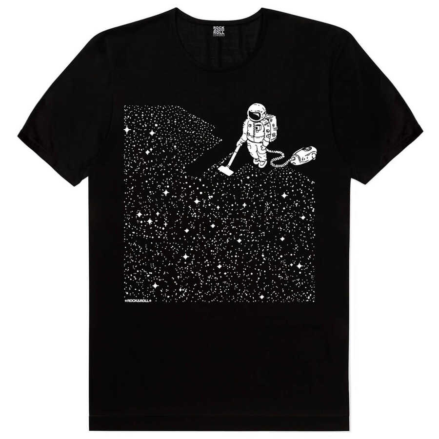 Süpürgeli Astronot Siyah Kısa Kollu Erkek T-shirt