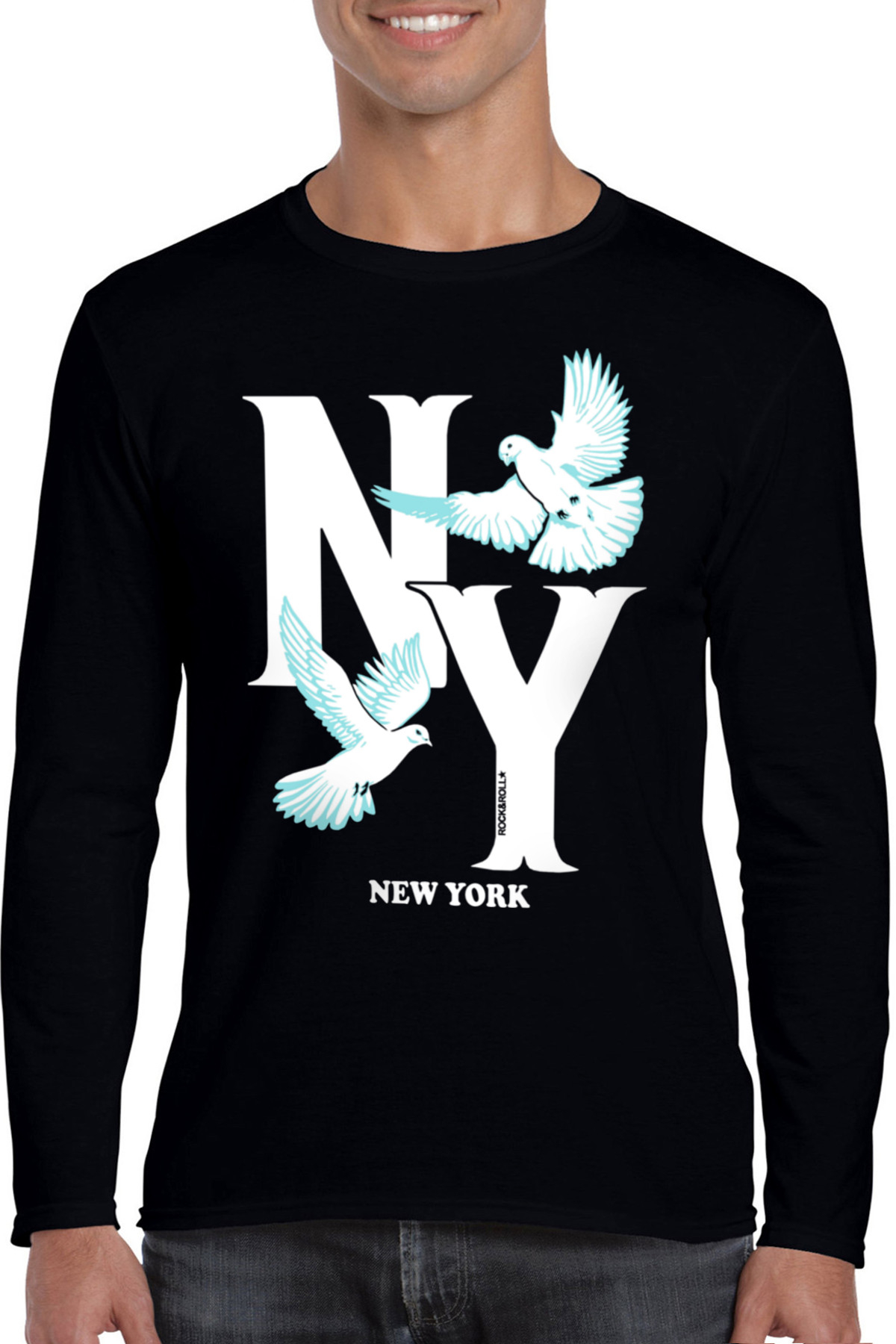 Ny Güvercinleri Siyah Bisiklet Yaka Uzun Kollu Penye Erkek T-shirt
