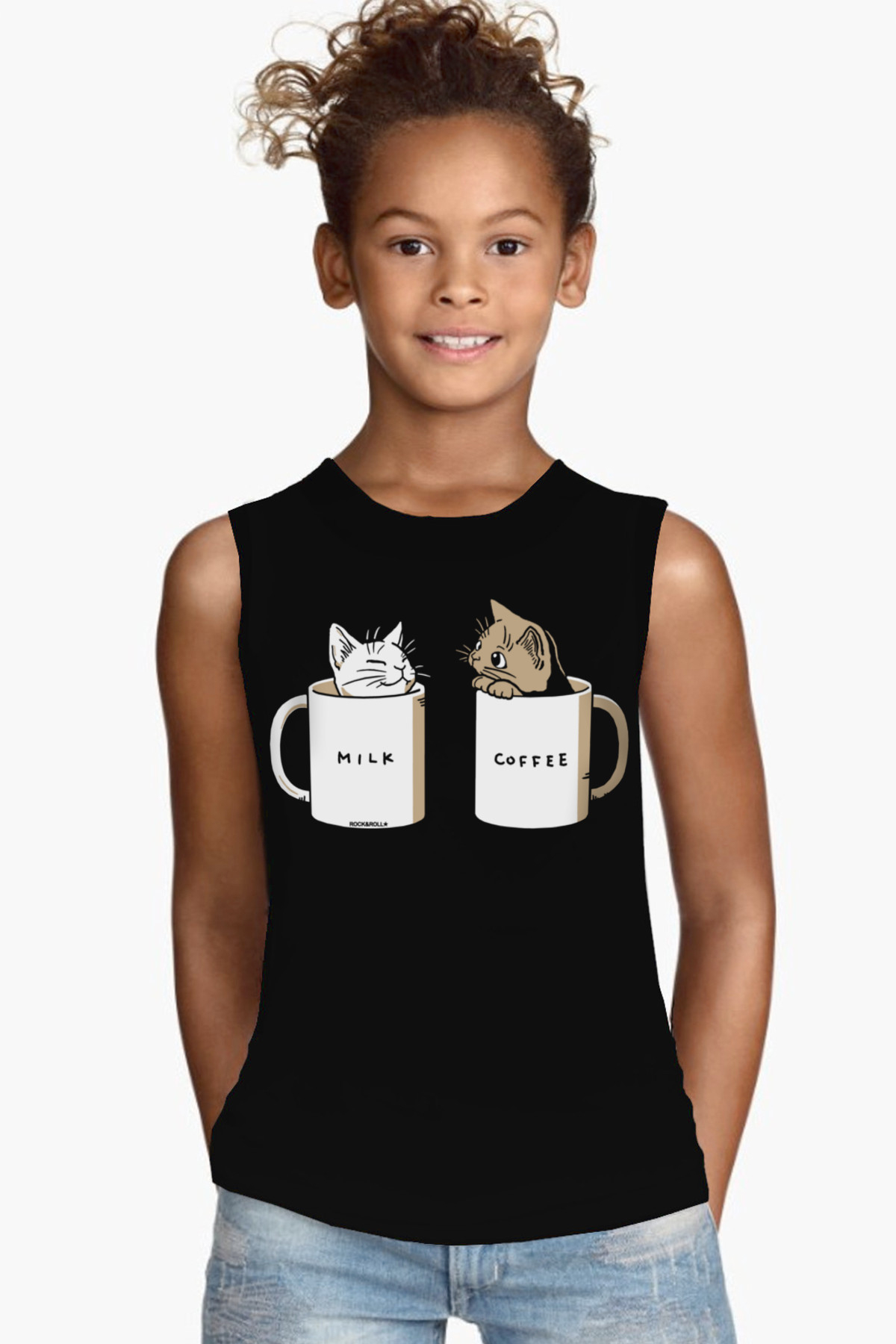 Sütlü Sade Siyah Kesik Kol | Kolsuz Kız Çocuk T-shirt