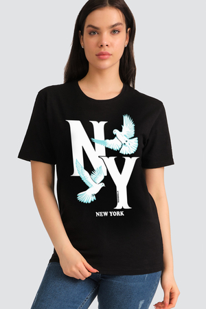 Rock & Roll - Ny Güvercinleri Siyah Kısa Kollu Kadın T-shirt