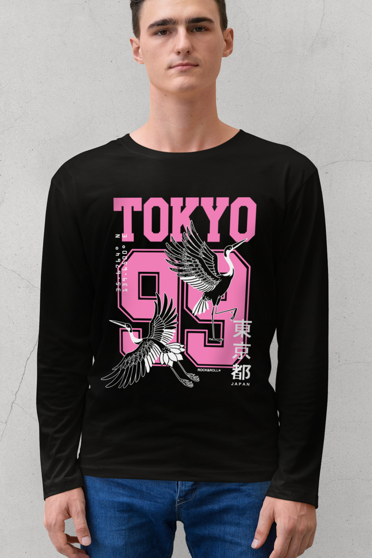 Tokyo 99 Siyah Bisiklet Yaka Uzun Kollu Penye Erkek T-shirt