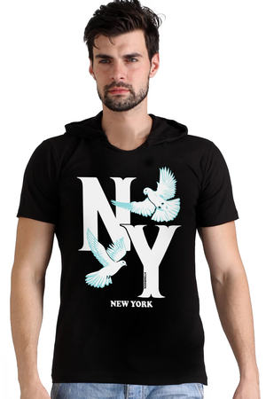 Ny Güvercinleri Siyah Kapüşonlu Kısa Kollu Erkek T-shirt - Thumbnail