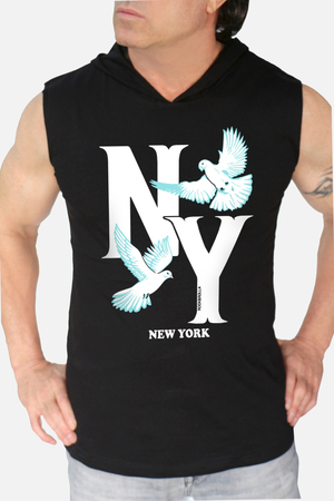 Ny Güvercinleri Siyah Kapüşonlu Kolsuz Erkek T-shirt - Thumbnail
