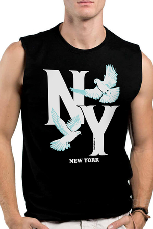 Ny Güvercinleri Siyah Kesik Kol | Kolsuz Baskılı Erkek T-shirt - Thumbnail