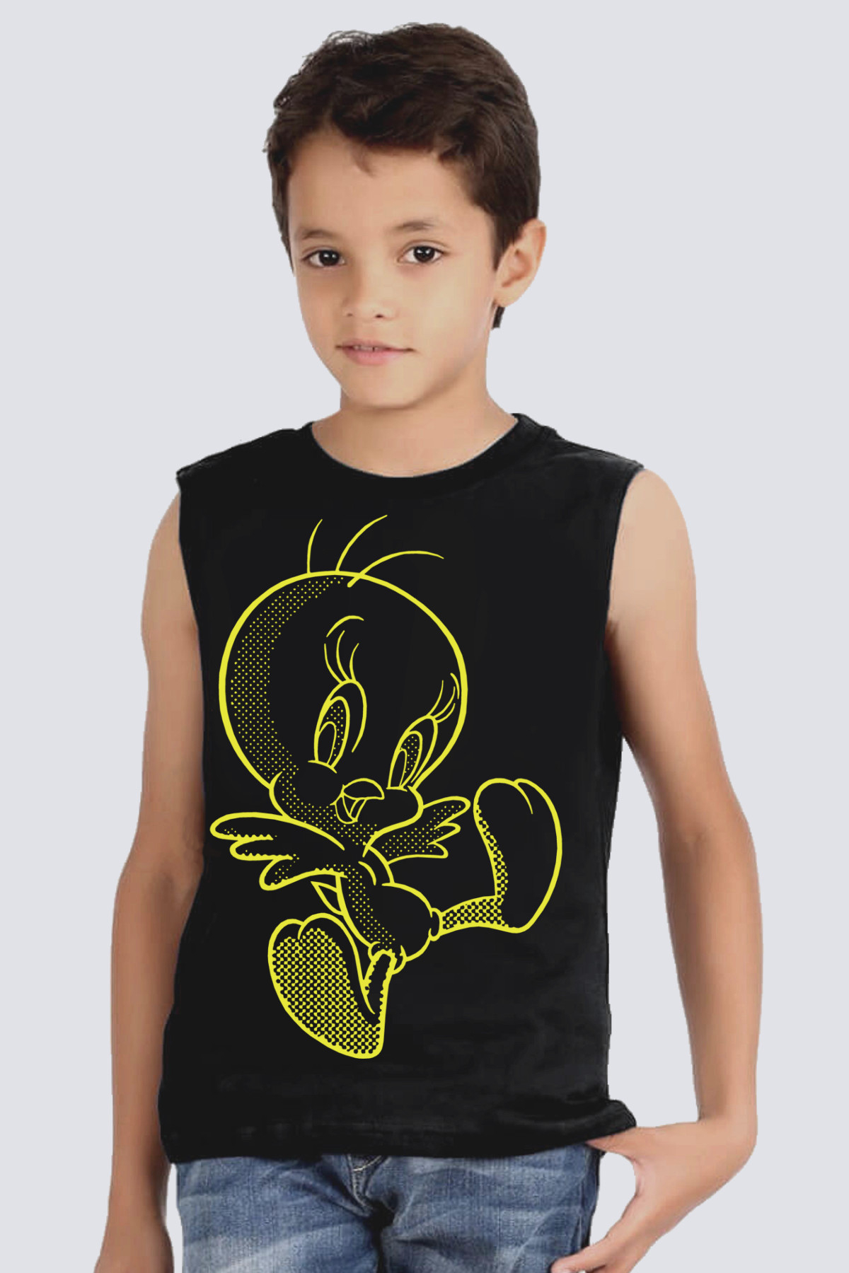 Neşeli Kuş Siyah Kesik Kol | Kolsuz Erkek Çocuk T-shirt