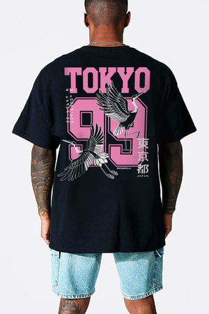 Rock & Roll - Tokyo 99 Siyah Kısa Kollu Arka Baskılı Oversize Erkek T-shirt