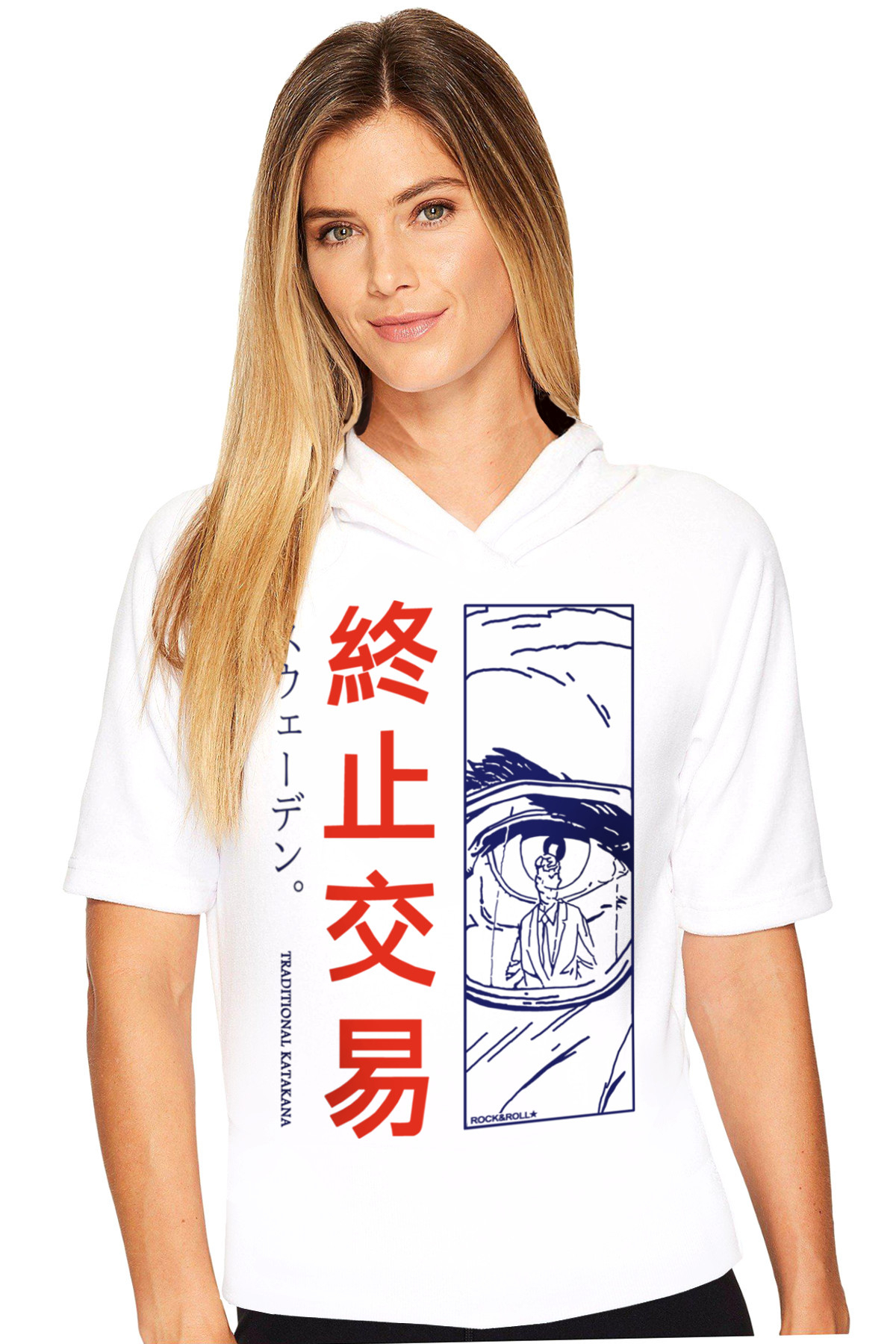 Tek Göz Beyaz Kapşonlu Kısa Kollu Kadın T-shirt