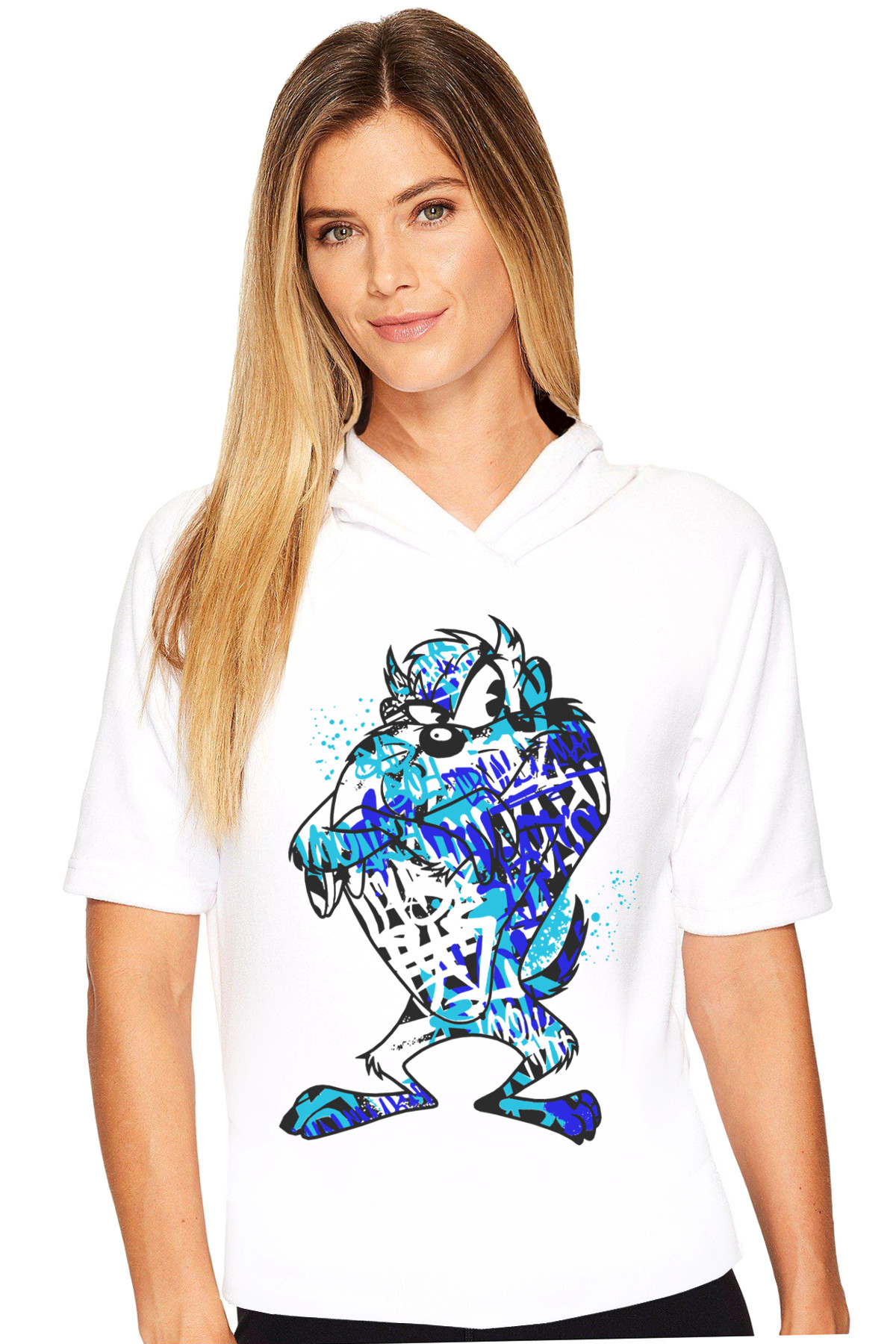 Boyalı Canavar Beyaz Kapüşonlu Kısa Kollu Kadın T-shirt