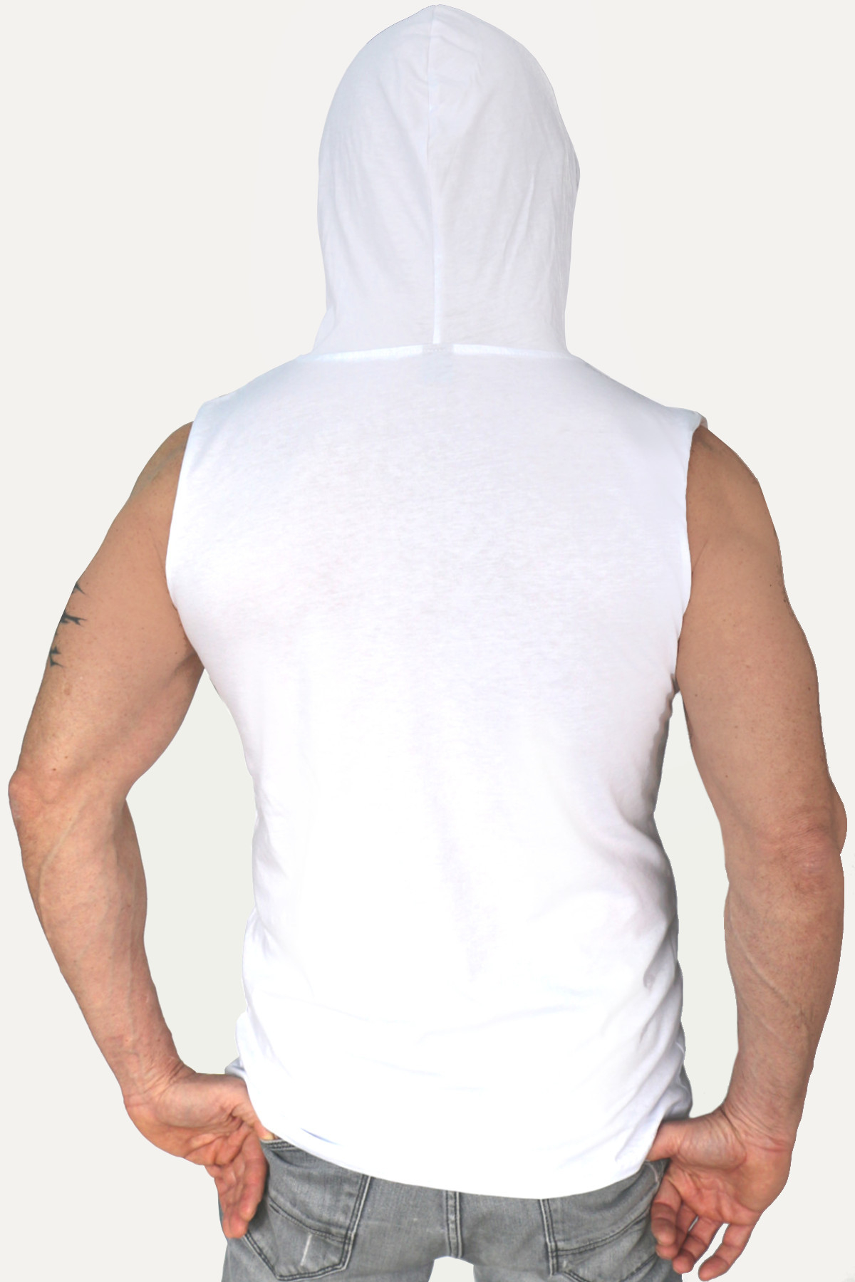 Boyalı Canavar Beyaz Kapüşonlu Kolsuz Erkek T-shirt