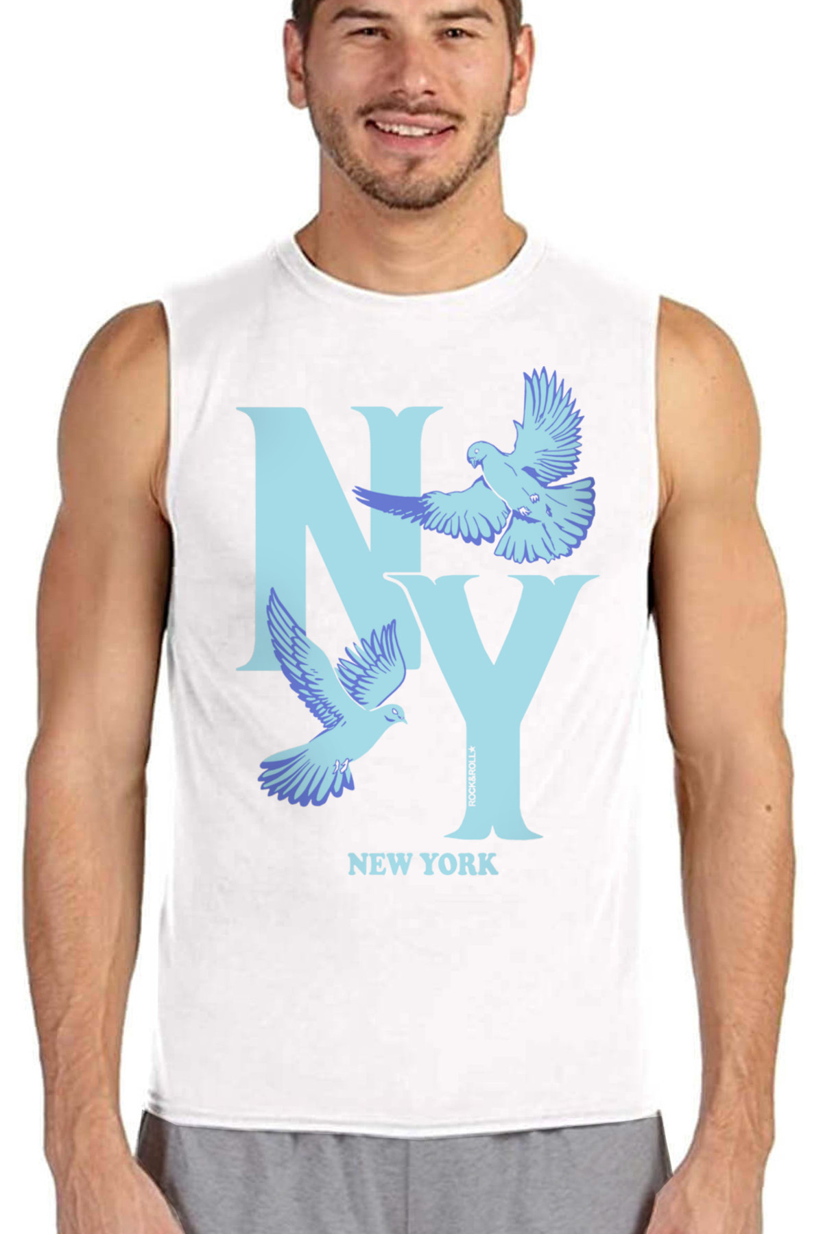 Ny Güvercinleri Beyaz Kesik Kol Kolsuz Baskılı Erkek T-shirt