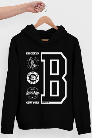 Brooklyn Logo Siyah Kapüşonlu Erkek Sweatshirt - Thumbnail