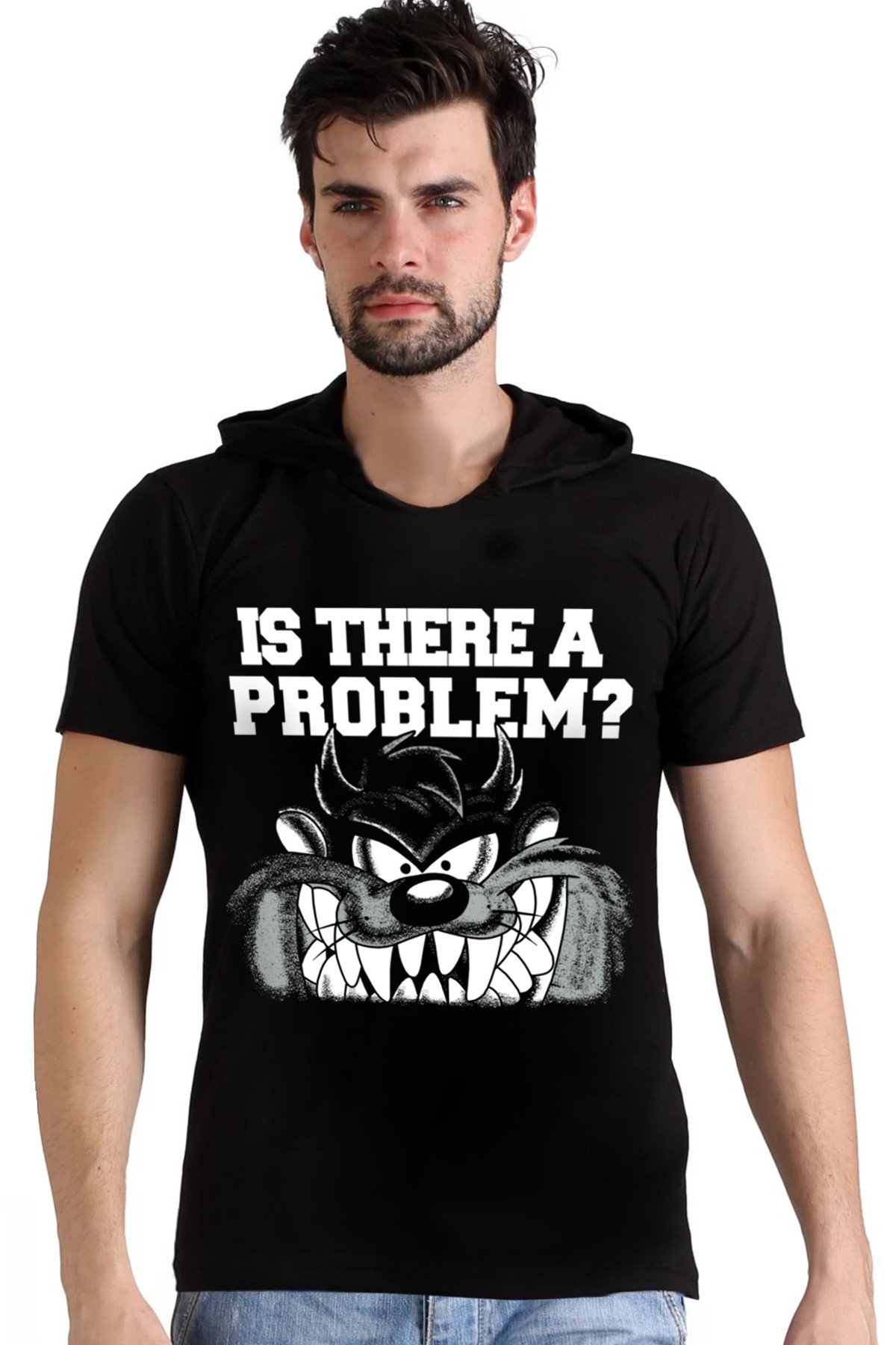 Taz Problem Siyah Kapüşonlu Kısa Kollu Erkek T-shirt