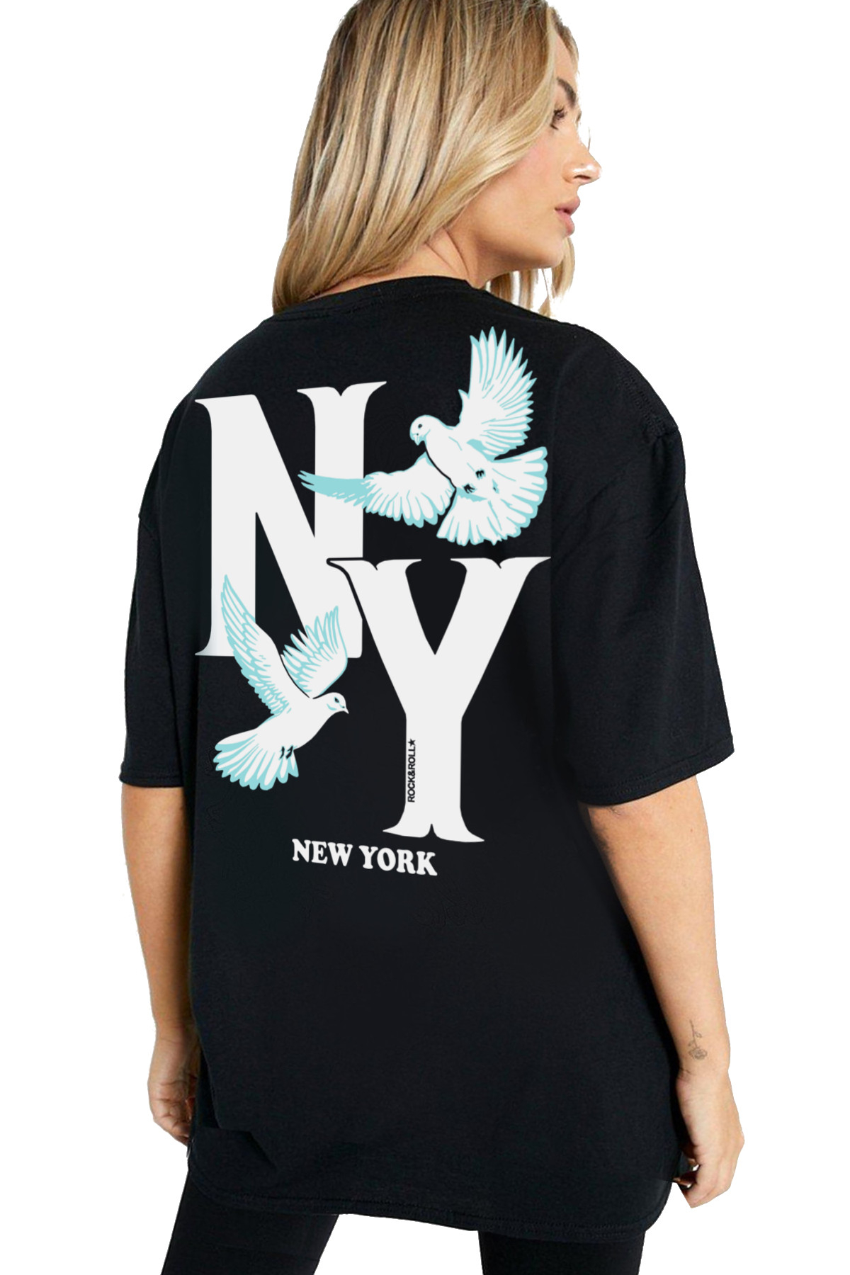 Ny Güvercinleri Siyah Kısa Kollu Arka Baskılı Oversize Kadın T-shirt