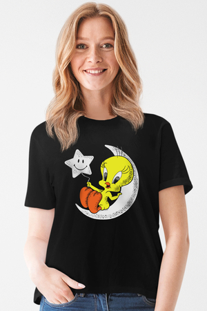  Ay Yıldız Siyah Kısa Kollu Kadın T-shirt - Thumbnail