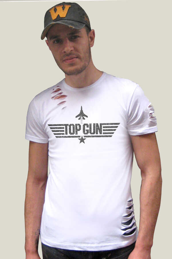 Top Gun Kısa Kollu Yırtık Beyaz T-shirt