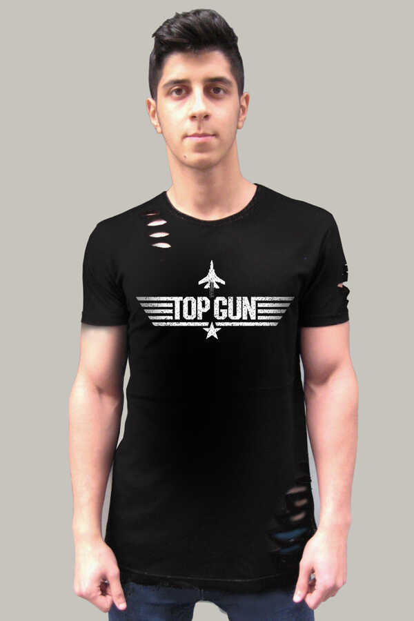 Top Gun Kısa Kollu Yırtık Siyah T-shirt