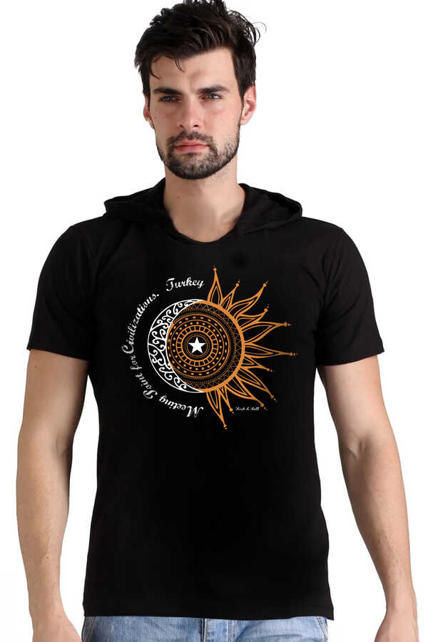 Türkiye Ay Yıldız Siyah Kapşonlu Kısa Kollu Erkek T-shirt