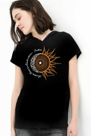 Rock & Roll - Türkiye Ay Yıldız Siyah Kapşonlu Kısa Kollu Kadın T-shirt