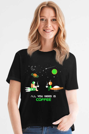 Rock & Roll - Uzayda Kahve Siyah Kısa Kollu Kadın T-shirt