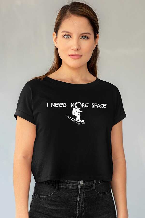Uzayda Kaykay Kısa, Kesik Crop Top Siyah Kadın | Bayan Tişört