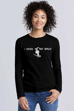 Uzayda Kaykay Siyah Bisiklet Yaka Uzun Kollu Penye Kadın T-shirt - Thumbnail