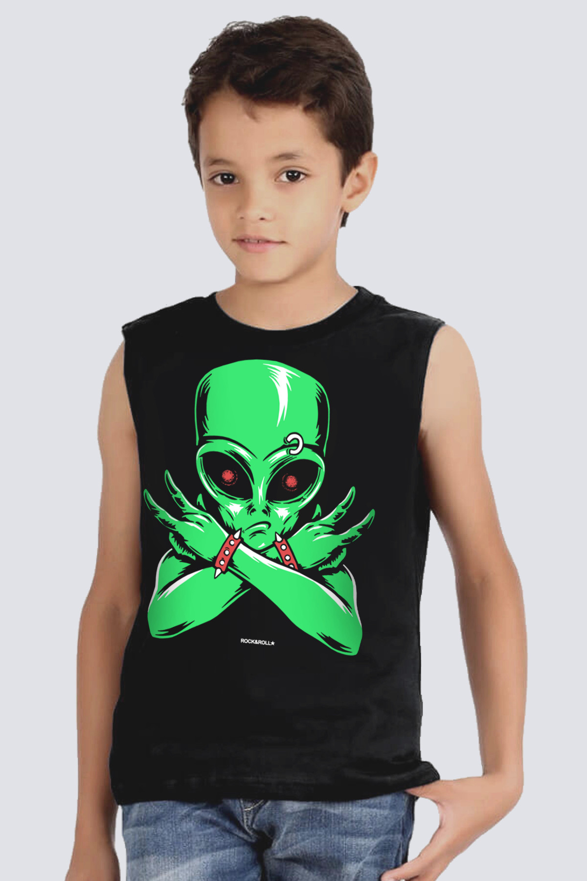 Uzaylı Rocker Kesik Kol Siyah Çocuk T-shirt
