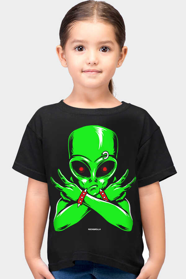 Uzaylı Rocker Siyah Kısa Kollu Çocuk T-shirt