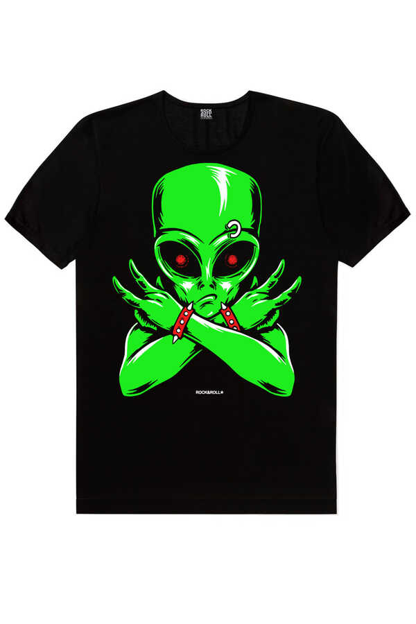 Uzaylı Rocker Siyah Kısa Kollu Erkek T-shirt
