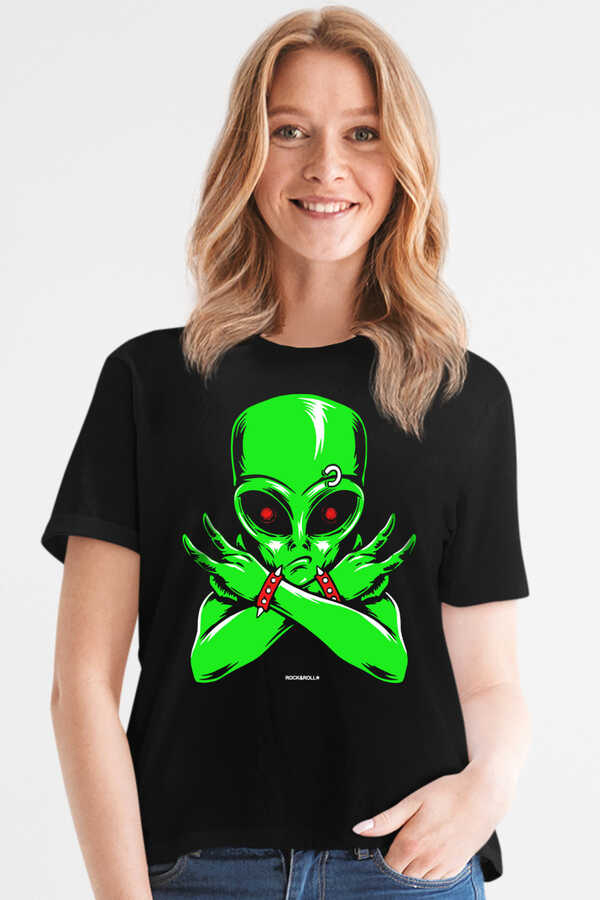 Uzaylı Rocker Siyah Kısa Kollu Kadın T-shirt