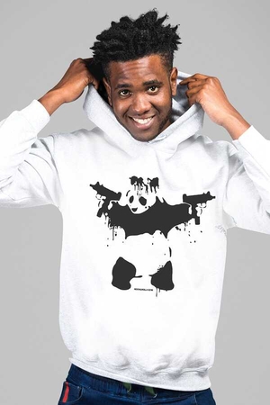 Uzi Tabancalı Panda Kapşonlu Beyaz Erkek Sweatshirt - Thumbnail