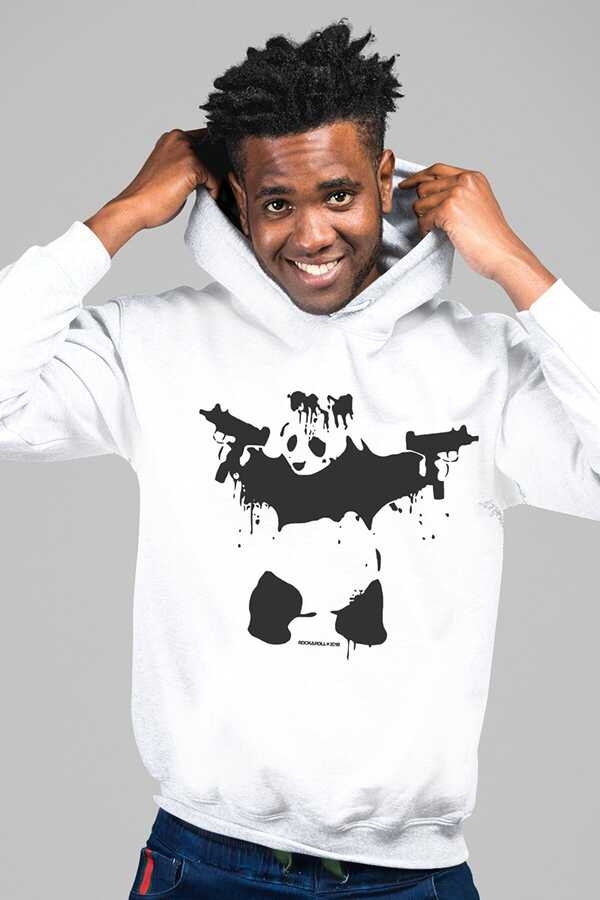 Uzi Tabancalı Panda Kapşonlu Beyaz Erkek Sweatshirt
