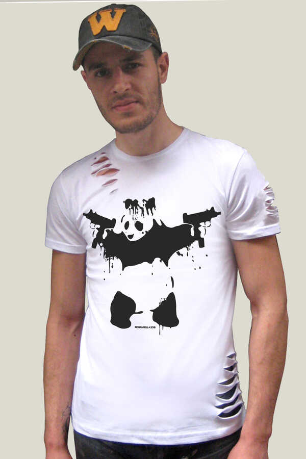 Uzi Tabancalı Panda Kısa Kollu Yırtık Beyaz T-shirt