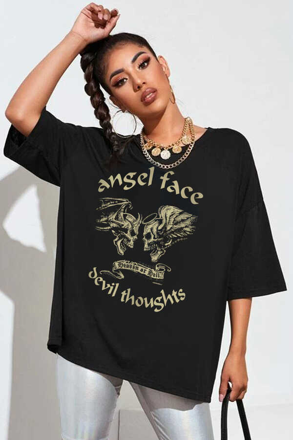 Uzun Melek Şeytan Siyah Oversize Kısa Kollu Kadın T-shirt