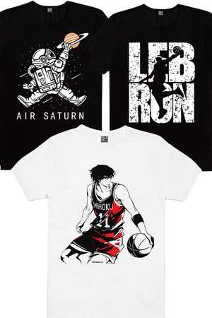 Rock & Roll - Yakışıklı Basketçi, Astro Smaç, Lebron Yazı Siyah Erkek 3'lü Eko Paket T-shirt
