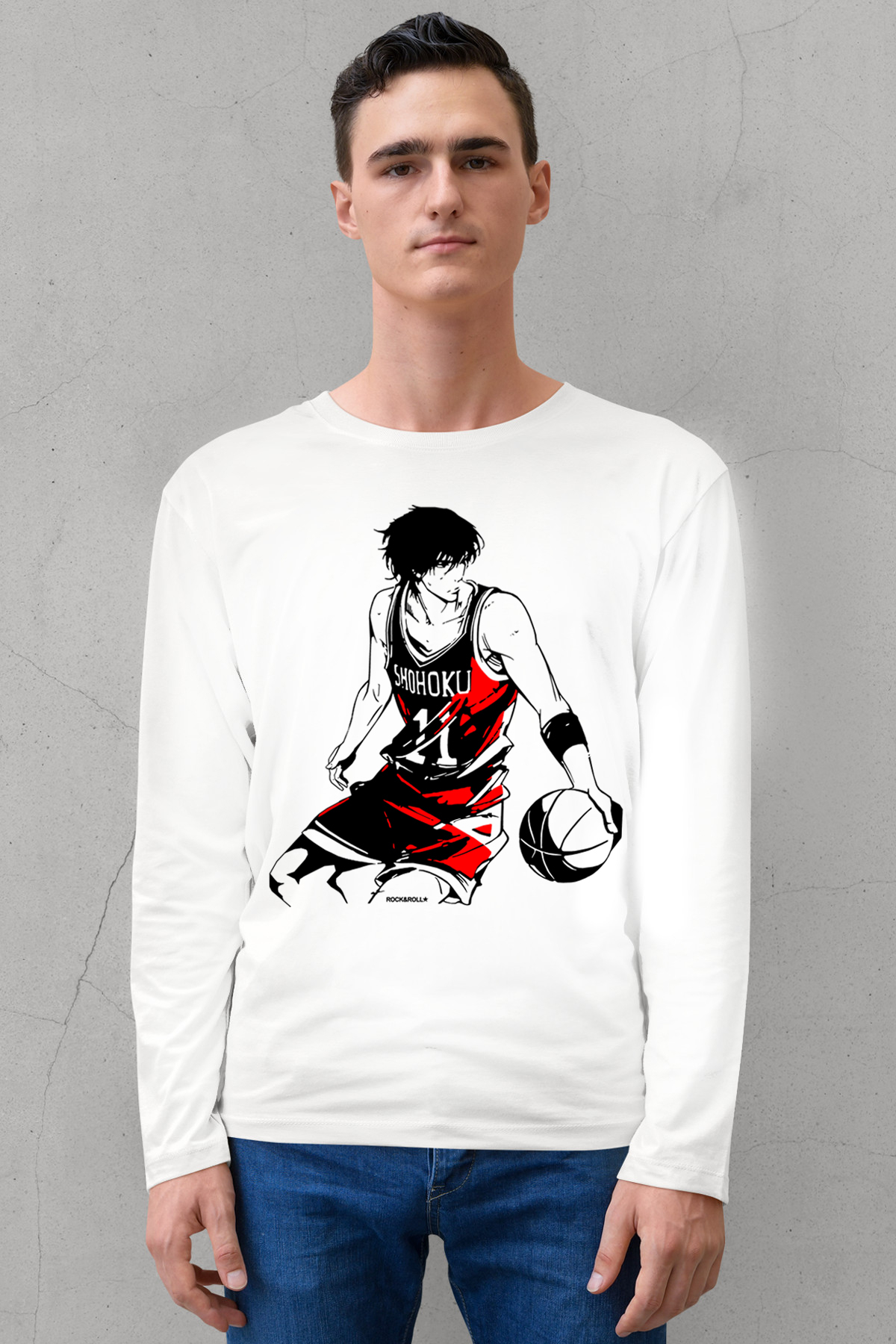Yakışıklı Basketci Beyaz Bisiklet Yaka Uzun Kollu Penye Erkek T-shirt