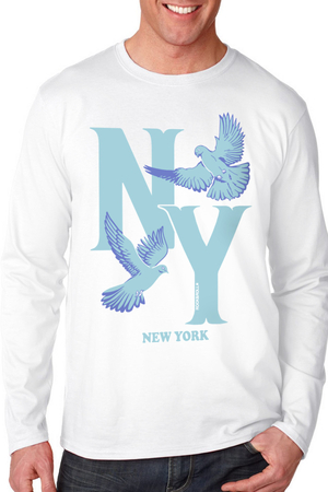 Ny Güvercinleri Beyaz Bisiklet Yaka Uzun Kollu Erkek Penye T-shirt - Thumbnail